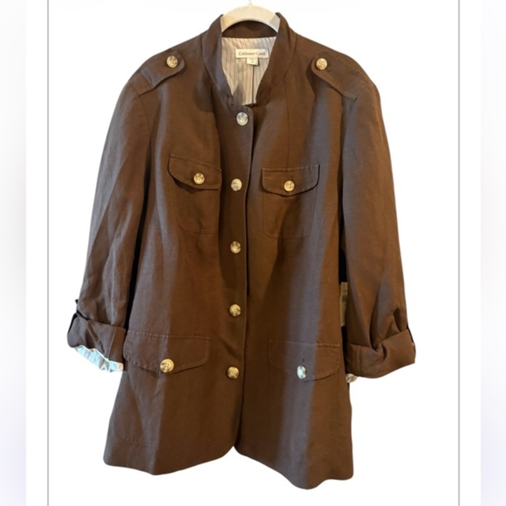 NWT Coldwater Creek  Brown Military Linen Safari Cargo Blazer / Jacket Size 18 - Picture 2 of 15